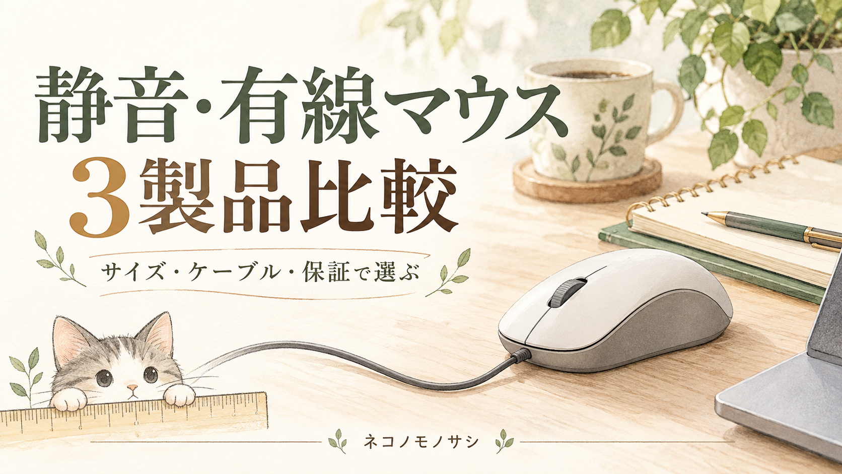 静音の有線マウス3製品比較。サイズ・ケーブル・保証で選ぶためのイメージイラスト